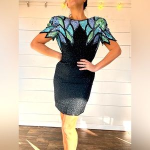 SCALA Vintage Beaded Silk Dress Key Hole Back Holiday Party Cocktail Cruise S